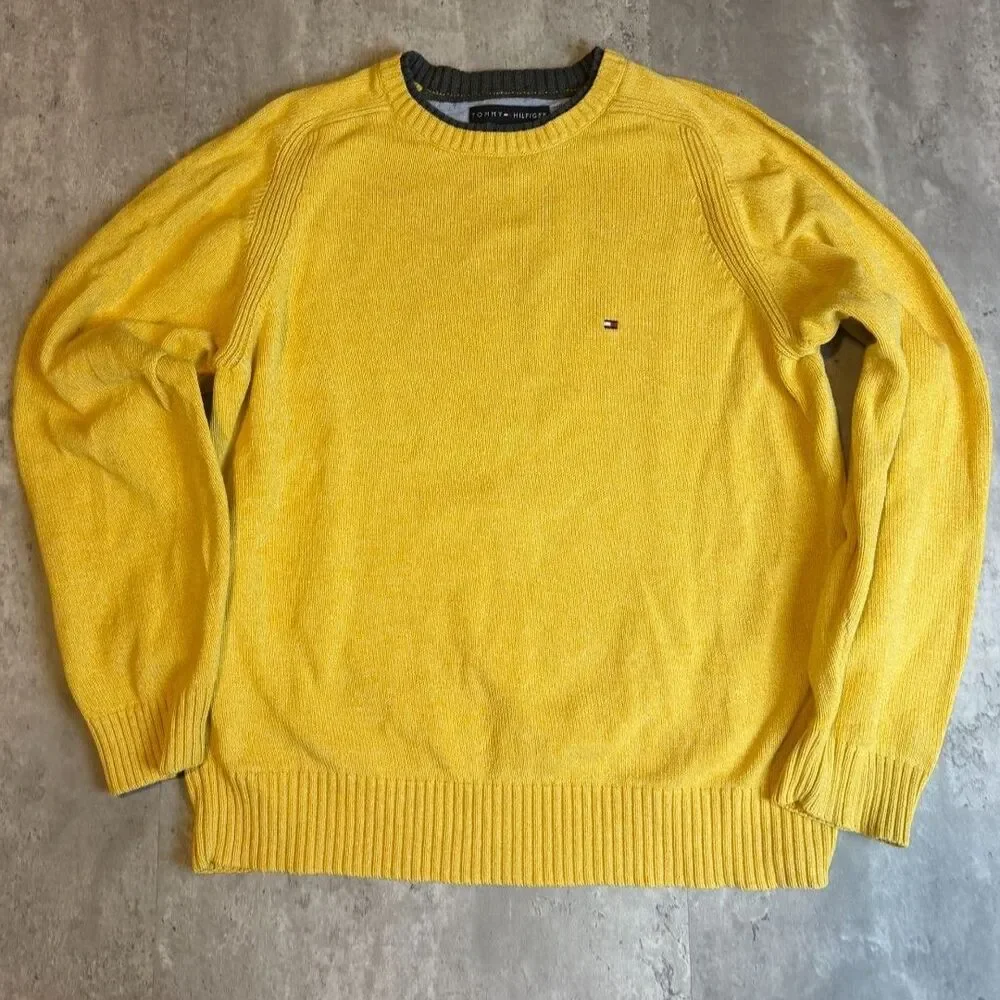 Tommy Hilfiger Yellow Crewneck Sweater Mens Size L 100% Cotton